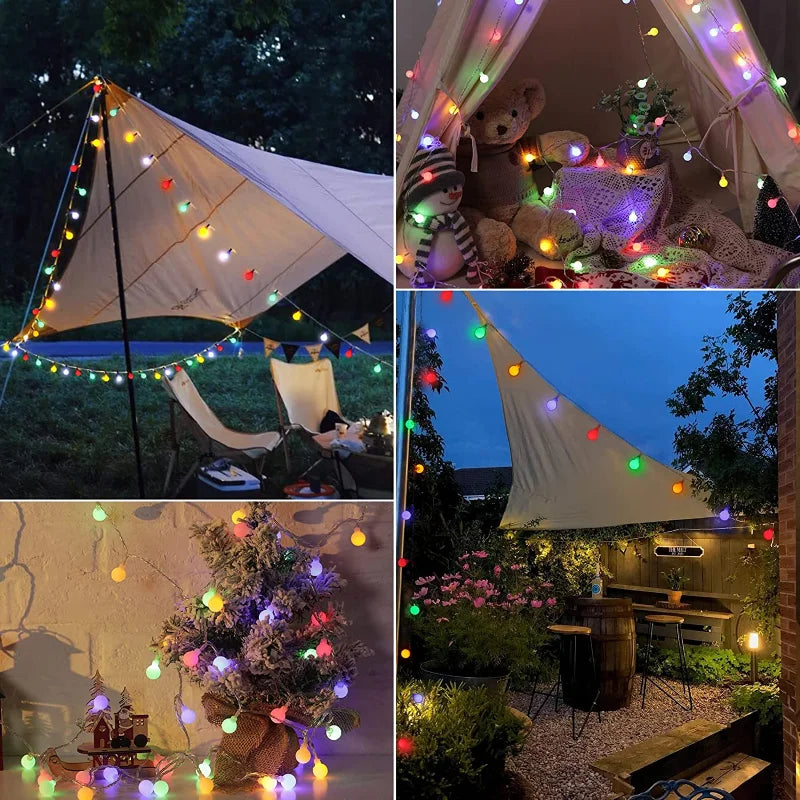 Bunte LED-Lichterketten im Freien, Dekoration für Garten und Terrasse, stimmungsvolle Beleuchtung.