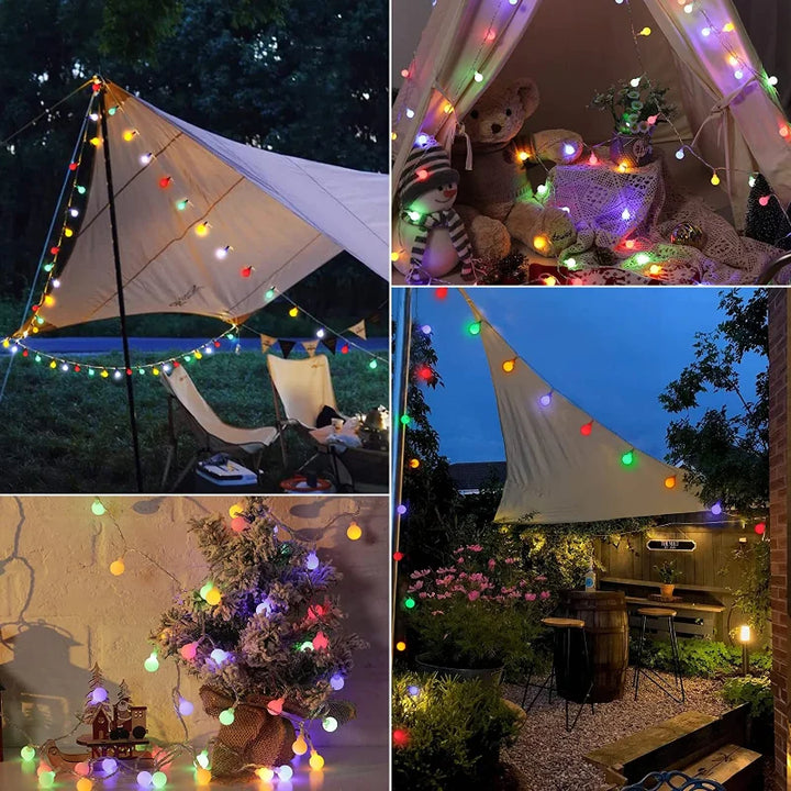 Bunte LED-Lichterketten im Freien, Dekoration für Garten und Terrasse, stimmungsvolle Beleuchtung.
