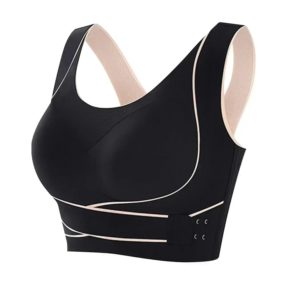 Schwarzer Sport-BH Damen, nahtlos, verstellbar, atmungsaktiv, Fitness, Yoga.