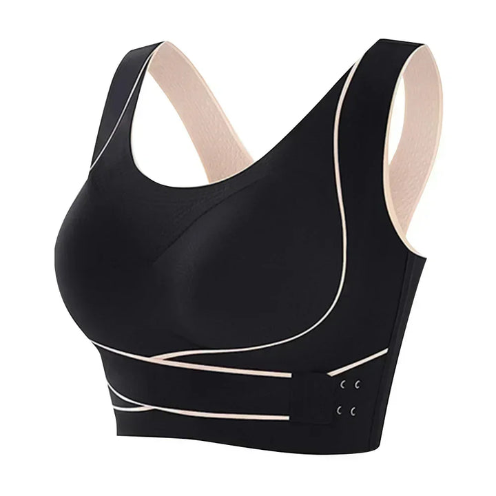 Schwarzer Sport-BH Damen, nahtlos, verstellbar, atmungsaktiv, Fitness, Yoga.