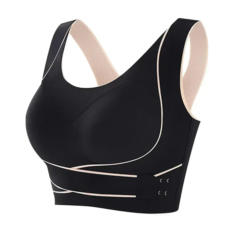 Schwarzer Sport-BH Damen, nahtlos, verstellbar, atmungsaktiv, Fitness, Yoga.
