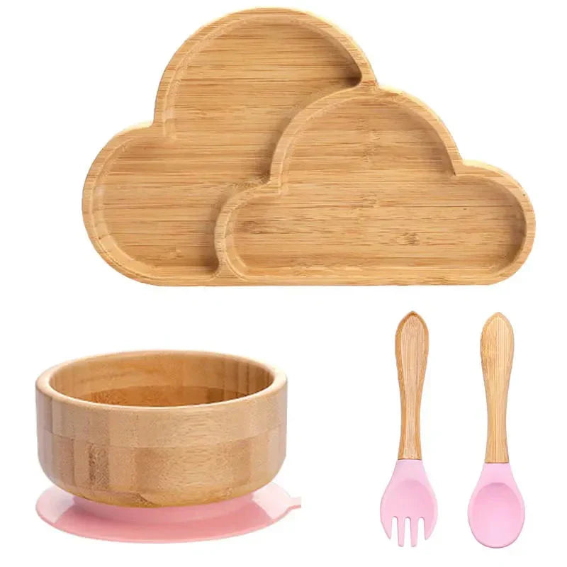 Bambus Kindergeschirr Set Wolke, Schüssel, Löffel, Gabel, rosa, umweltfreundlich, rutschfest