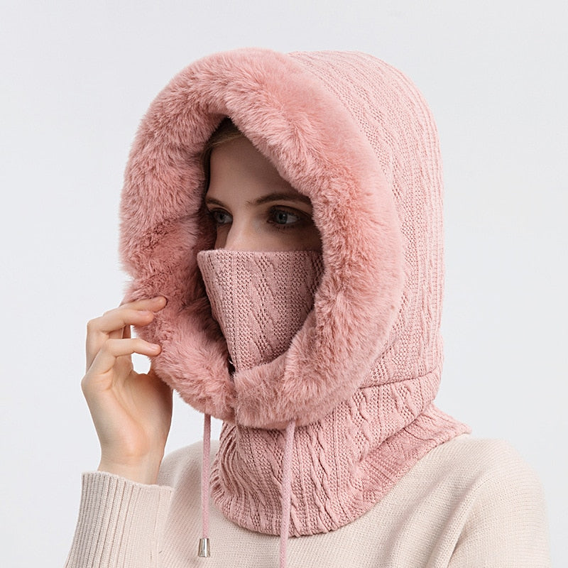 Damen Kapuzen-Schal rosa, gestrickt, warm, Wintermode, Gesichtsschutz, weiches Material.