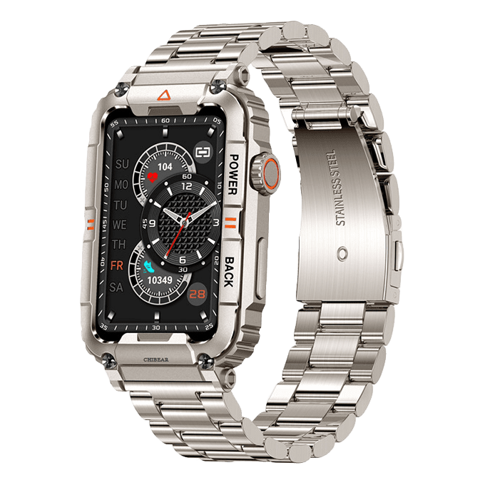 Silberne Edelstahl-Smartwatch mit robustem Design und multifunktionalem Zifferblatt.