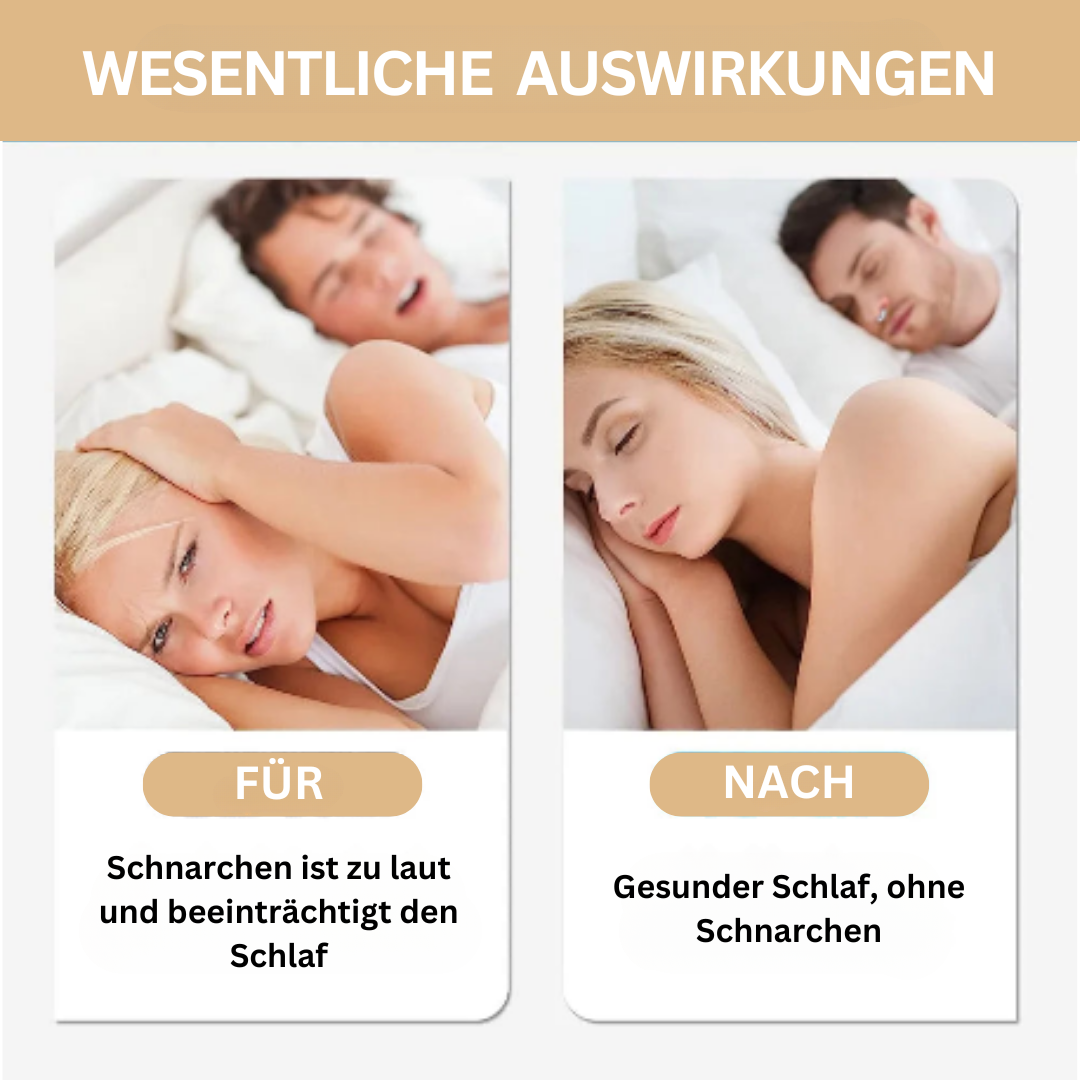 Vorher-Nachher-Bild: Schnarchen stört Schlaf, gesunder Schlaf ohne Schnarchen, Paar im Bett.