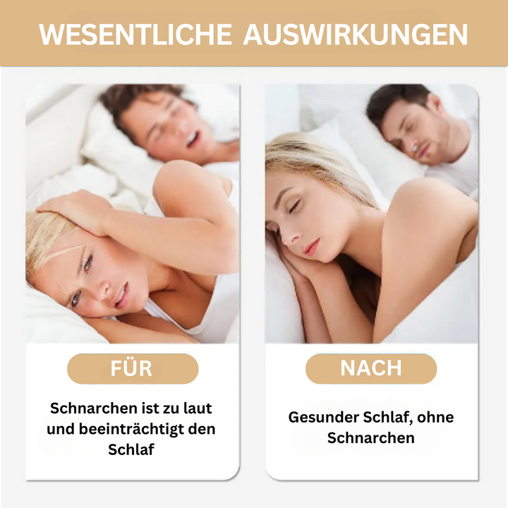 Vorher-Nachher-Bild: Schnarchen stört Schlaf, gesunder Schlaf ohne Schnarchen, Paar im Bett.