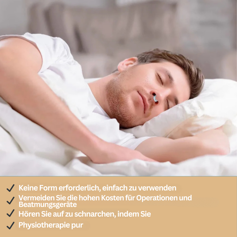 Schlafender Mann mit Nasenklammer gegen Schnarchen, weiß, bequem, Anti-Schnarch-Gerät.