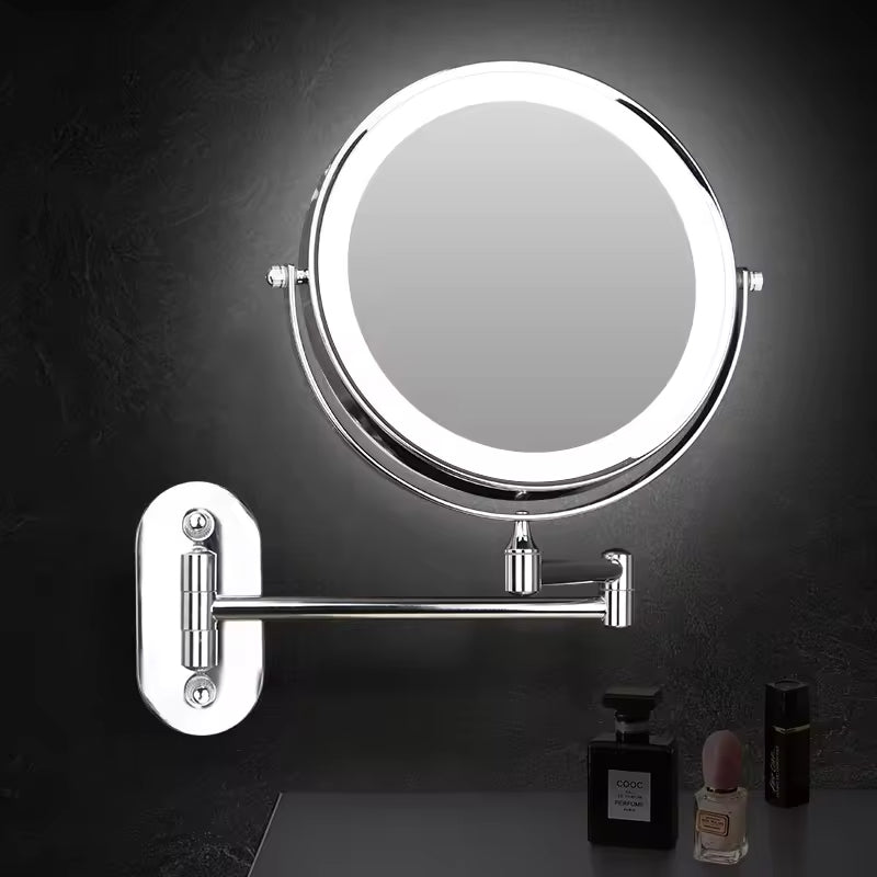 Runder LED-Kosmetikspiegel, silber, Wandmontage, drehbar, ideal für Badezimmer.
