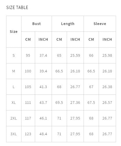 Größentabelle für Kleidung, Größen S bis 3XL, Maße in cm und Zoll, Brust, Länge, Ärmel.