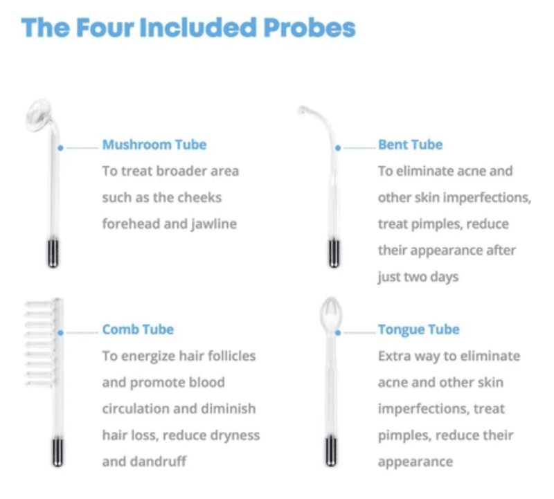 Vier Hochfrequenz-Elektroden: Pilz, Kamm, Gebogen, Zunge zur Haut- und Haarpflege.