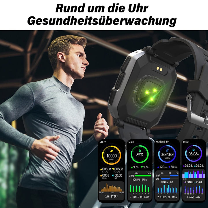 Männer-Smartwatch mit Gesundheitsüberwachung, Schwarz, Fitness-Tracking, Herzfrequenzmesser.