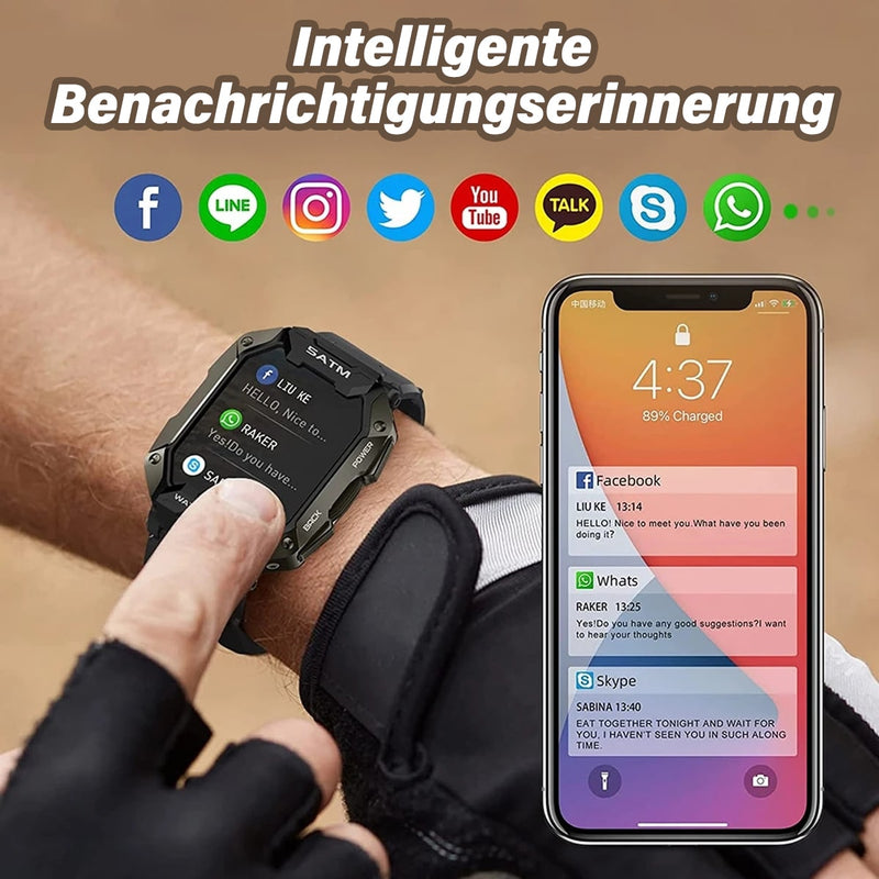 Robuste Smartwatch mit Benachrichtigungsfunktion, schwarzes Gehäuse, Touchscreen, Fitness-Tracking.