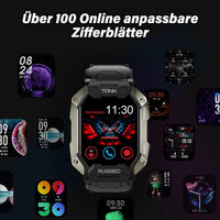 Schwarze Smartwatch mit robustem Design, anpassbare Zifferblätter, digitale Anzeige, Tank Rugged.