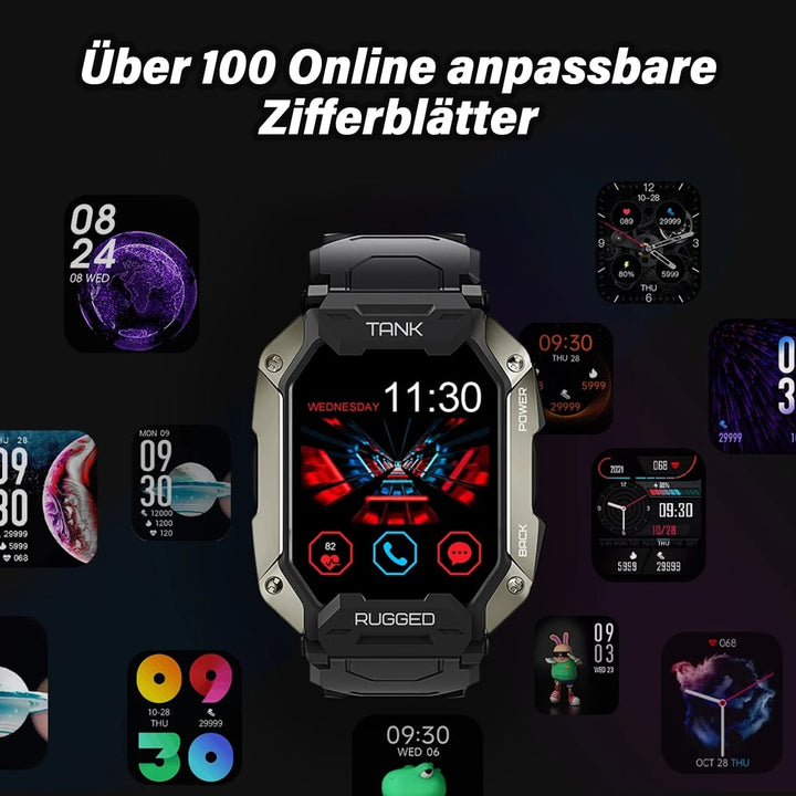 Schwarze Smartwatch mit robustem Design, anpassbare Zifferblätter, digitale Anzeige, Tank Rugged.