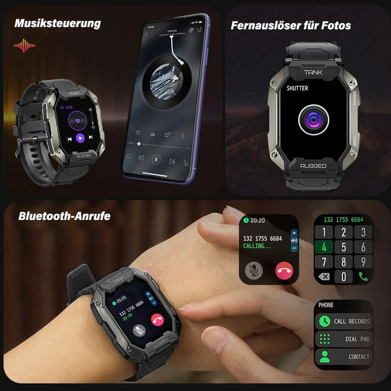 Robuste Smartwatch mit Musiksteuerung, Bluetooth-Anrufen, Foto-Fernauslöser, schwarzes Design.