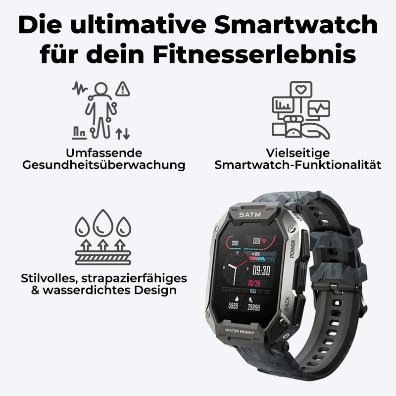 Robuste Smartwatch, wasserdicht, Fitness-Tracking, Gesundheitsüberwachung, vielseitige Funktionen.