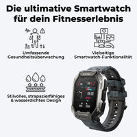 Robuste Smartwatch, wasserdicht, Fitness-Tracking, Gesundheitsüberwachung, vielseitige Funktionen.