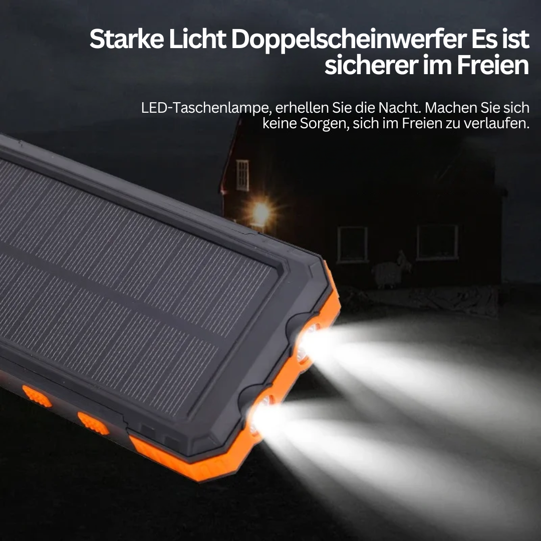 Schwarze Solar-Powerbank mit LED-Taschenlampe, ideal für Outdoor-Aktivitäten.