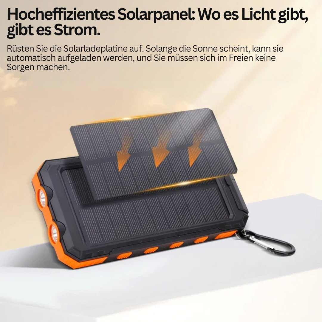 Hocheffizientes tragbares Solarladegerät, schwarz-orange, mit Karabiner, für Outdoor-Aktivitäten.