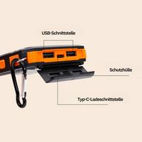 Tragbares Solarladegerät mit USB- und Typ-C-Anschlüssen, orange-schwarz, Schutzabdeckung.