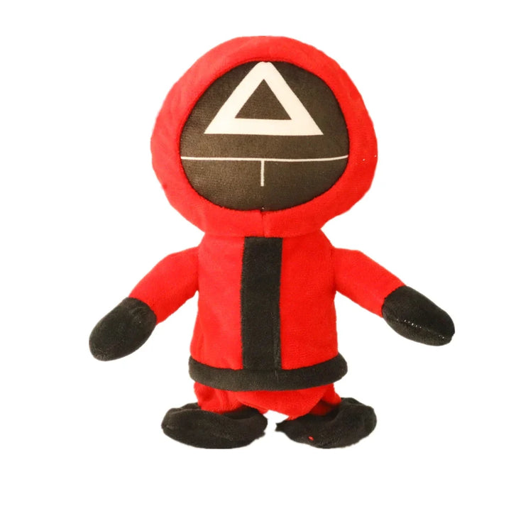 Rotes Plüschspielzeug mit Dreieckssymbol, inspiriert von einer bekannten Serie.