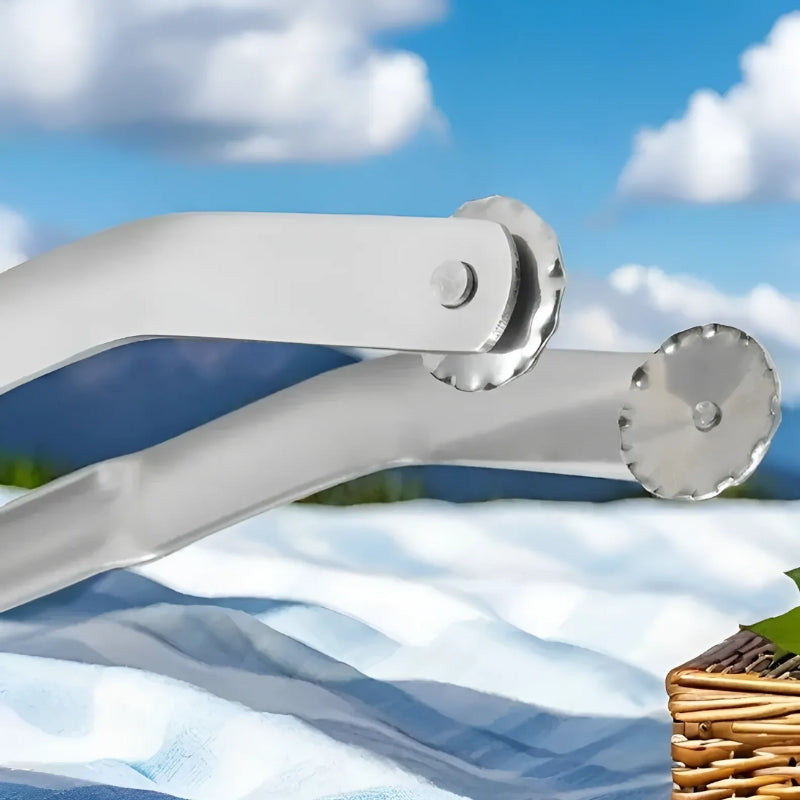 Silberne Metallzange auf Picknickdecke vor Berglandschaft und blauem Himmel.