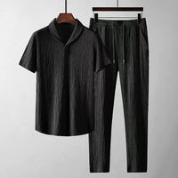Schwarzes Herren-Sommer-Set, klassisches Hemd und Hose, lässige Mode, Baumwolle.