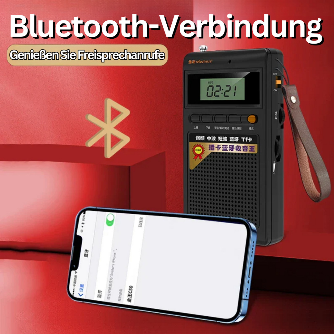 Tragbares schwarzes Bluetooth-Radio mit Display und Lederschlaufe, Smartphone-Verbindung.