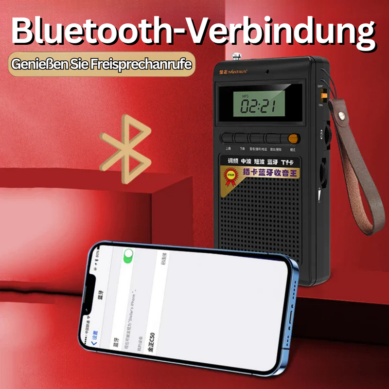 Tragbares schwarzes Bluetooth-Radio mit Display und Lederschlaufe, Smartphone-Verbindung.