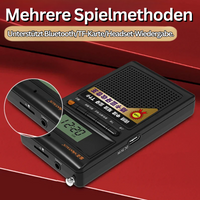 Schwarzer tragbarer Bluetooth-Lautsprecher mit Display und TF-Karten-Slot auf rotem Hintergrund.