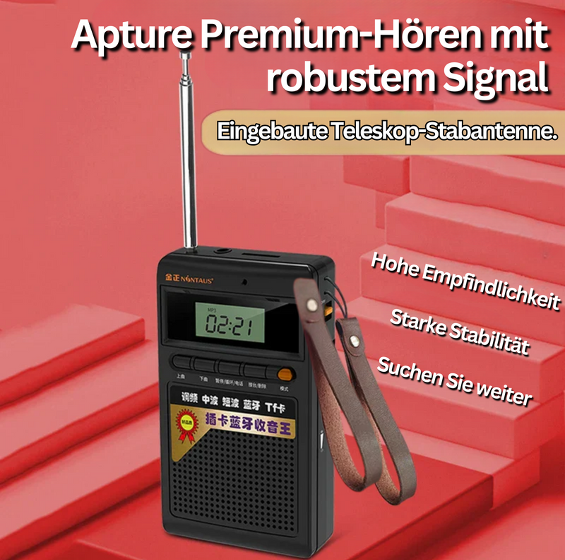Tragbares schwarzes Radio mit Teleskopantenne, Ledergriff, digitalem Display, robustem Design.