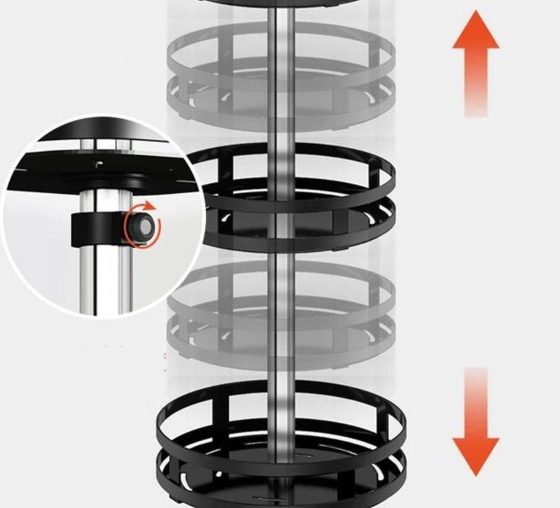 Rotierendes schwarzes Regal, höhenverstellbar, universell einsetzbar, platzsparend, modern.