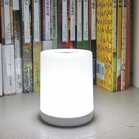 LED-Tischlampe mit stufenloser Dimmung, Touch-Steuerung, USB-aufladbar, weiß, vor Bücherregal.