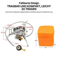 Tragbarer Campingkocher aus Edelstahl mit orangefarbener Aufbewahrungsbox, kompakt und leicht.
