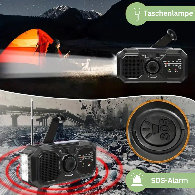 Tragbares Notfallradio mit Taschenlampe und SOS-Alarm, ideal für Outdoor-Abenteuer.