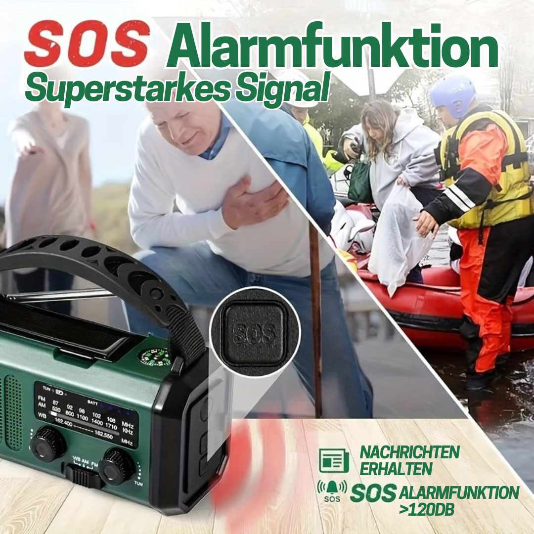 Grünes Notfallradio mit SOS-Alarmfunktion, starkem Signal, ideal für Rettungseinsätze.