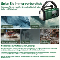 Multifunktionales Notfallradio, grün, mit Kurbel, Solarpanel, LED-Licht, USB-Anschluss.