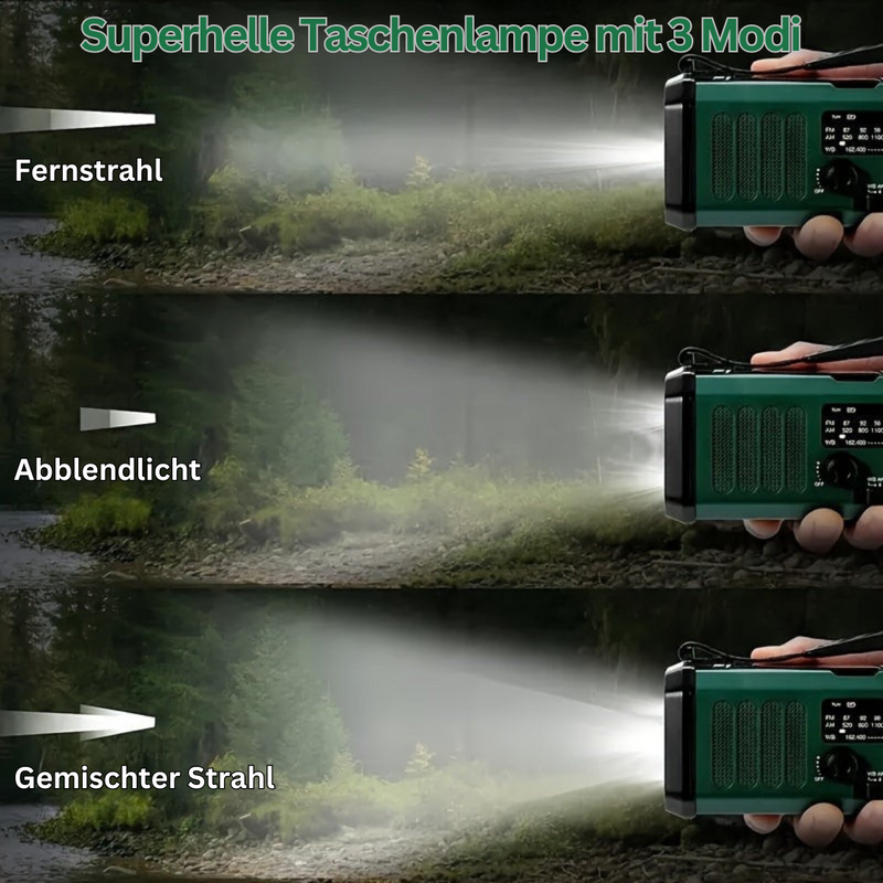 Superhelle grüne Taschenlampe mit 3 Modi: Fernstrahl, Abblendlicht, Gemischter Strahl.