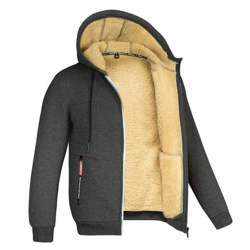 Herren-Sherpa-Sweatjacke mit Reißverschluss, dunkelgrau, Fleece-Innenfutter, Winterkleidung.