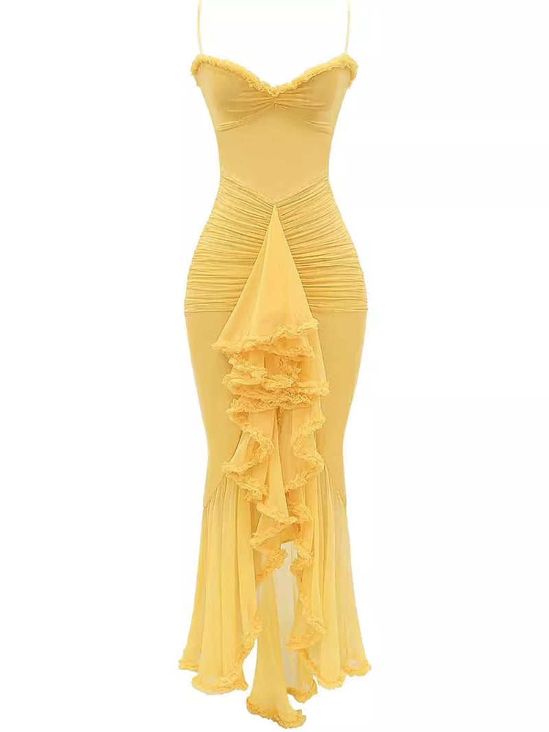 Trendiges Maxikleid mit Rüschen und Spaghettiträgern – Loyza