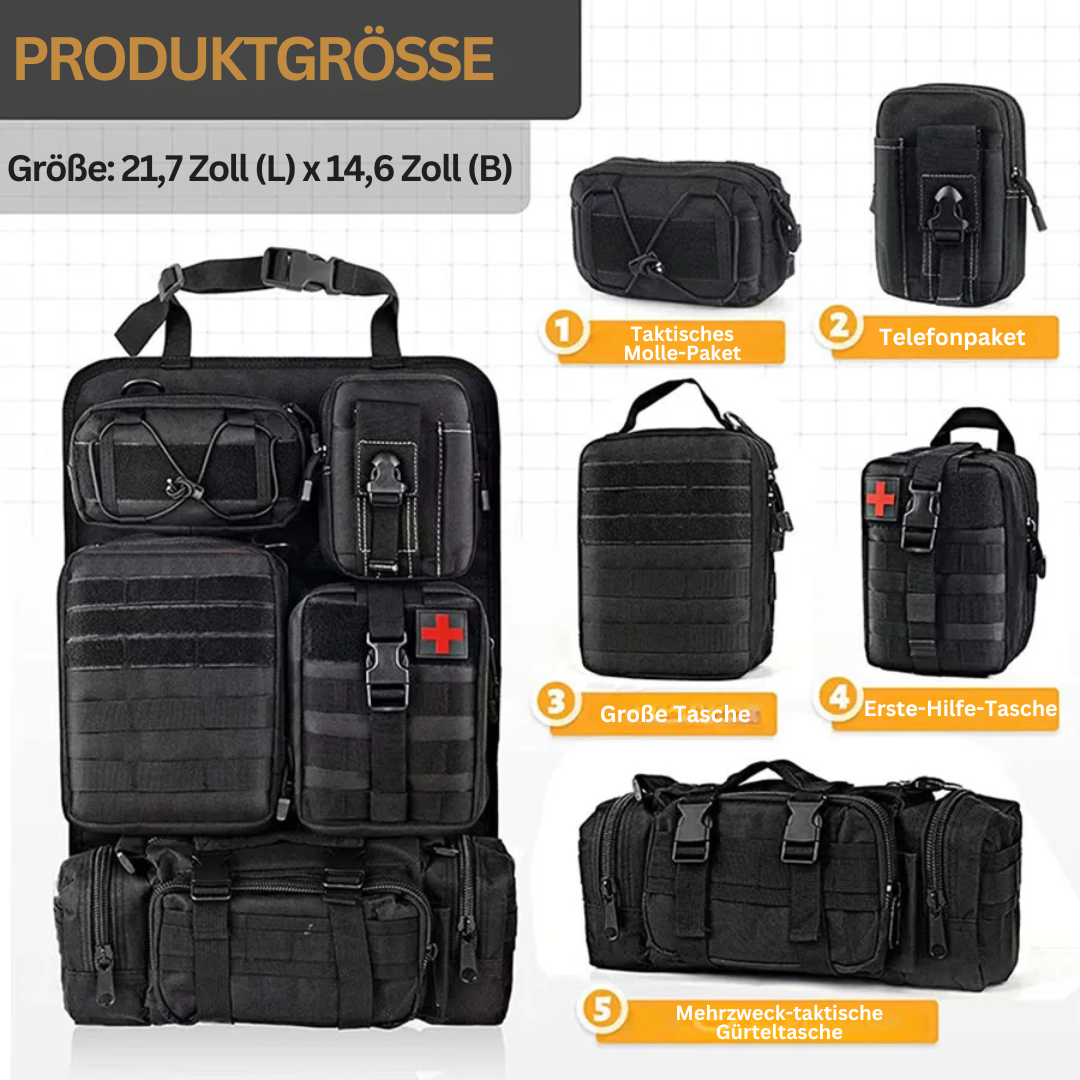 Schwarze taktische Tasche, multifunktional, MOLLE-kompatibel, robust, vielseitig einsetzbar.