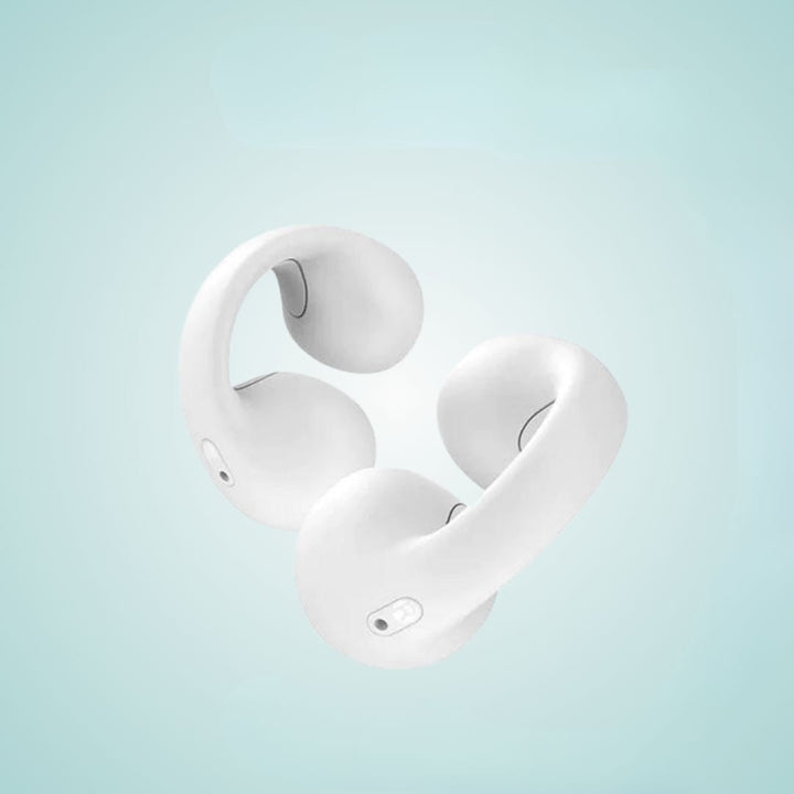 Weiße kabellose Ohrhörer FlexPods, ergonomisches Design, auf hellblauem Hintergrund.