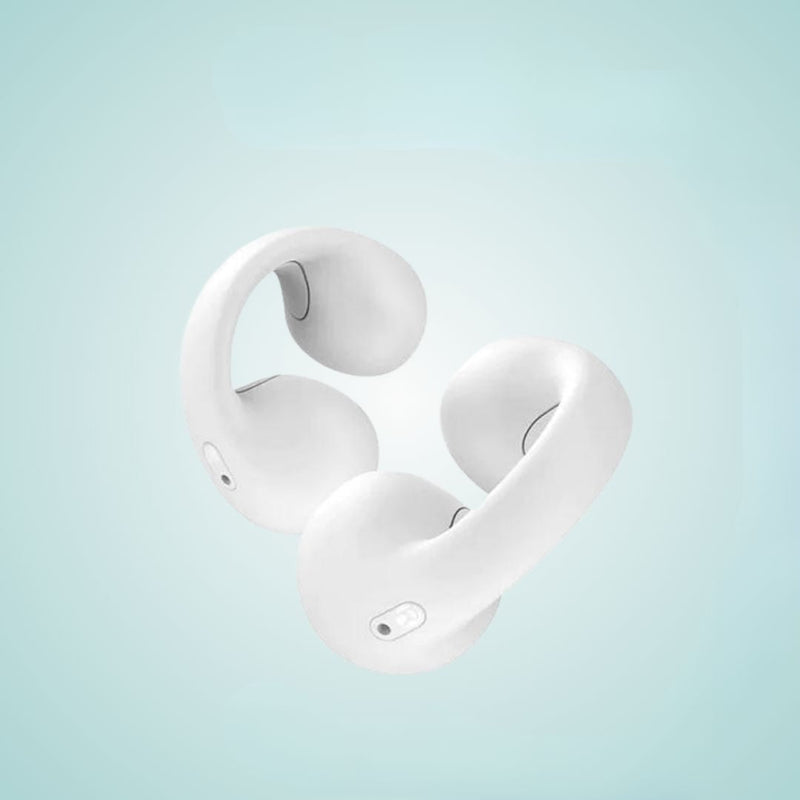 Weiße kabellose Ohrhörer FlexPods, ergonomisches Design, auf hellblauem Hintergrund.
