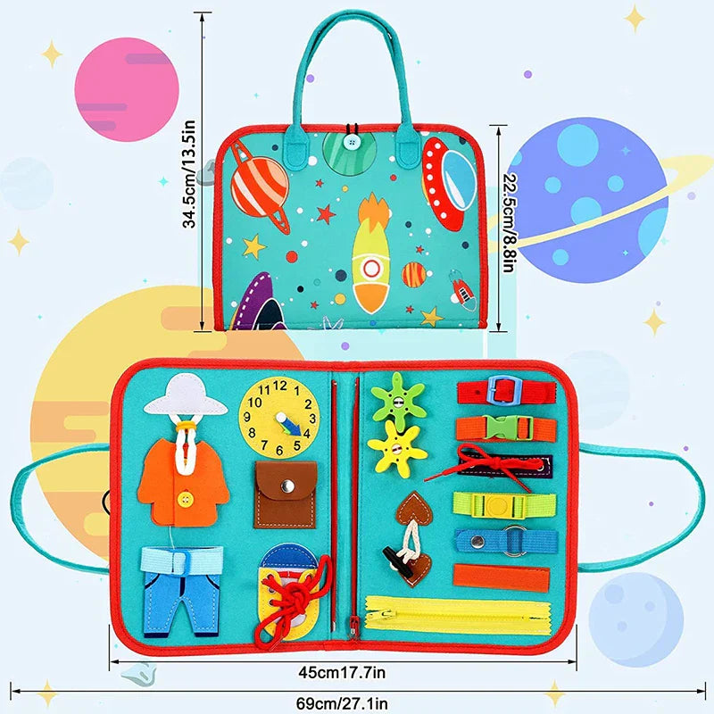 Montessori Busy Board für Kleinkinder, Lernspielzeug, bunt, mit Reißverschlüssen und Knöpfen.