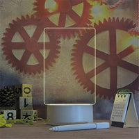 Transparente LED-Nachtlampe, Acryl, USB, mit Schreibtafel, Kalender, Zahnräder-Hintergrund.