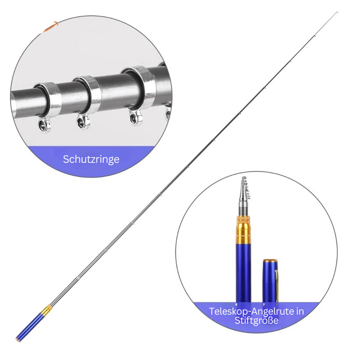 Teleskop-Angelrute in Stiftgröße, blau-gold, mit Schutzringen, kompakt und tragbar.