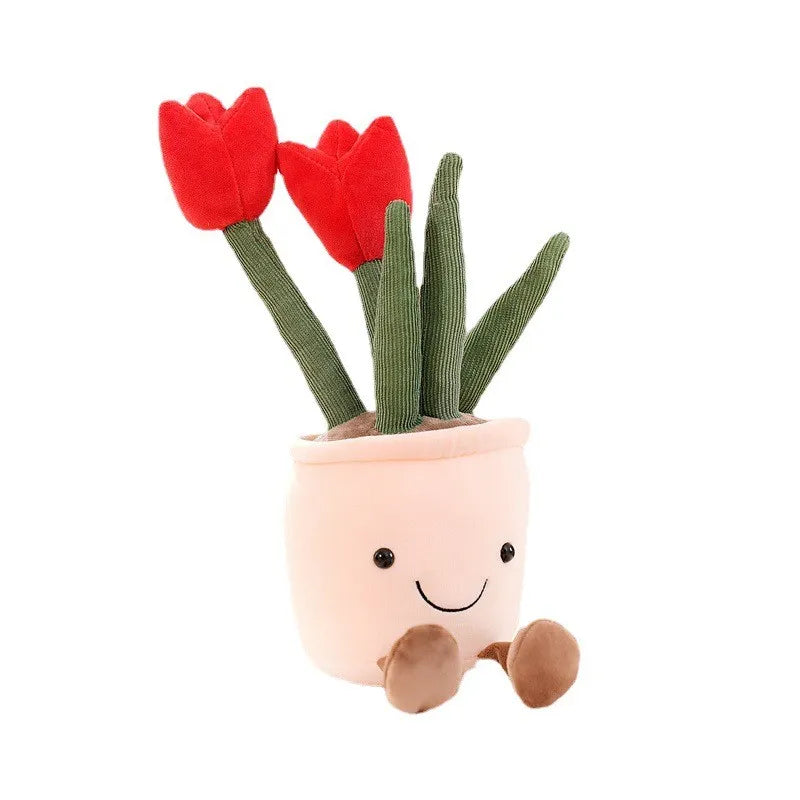 Rotes Tulpen-Plüschtier im Topf, lächelndes Gesicht, Geschenkidee, Dekoration, Kinderzimmer.