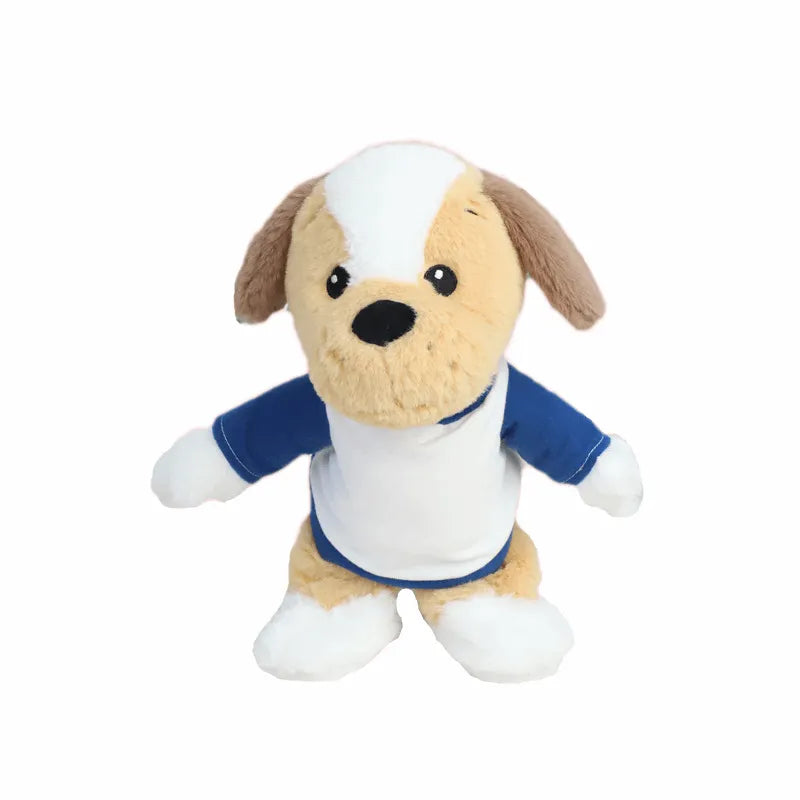 Plüschhund mit blauem Shirt, tanzend, Spielzeug, beige-weiß, Kinder, Geschenkidee.