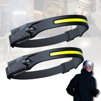 USB-wiederaufladbare LED-Stirnlampe, schwarz, mit gelbem Streifen, für Outdoor-Aktivitäten.