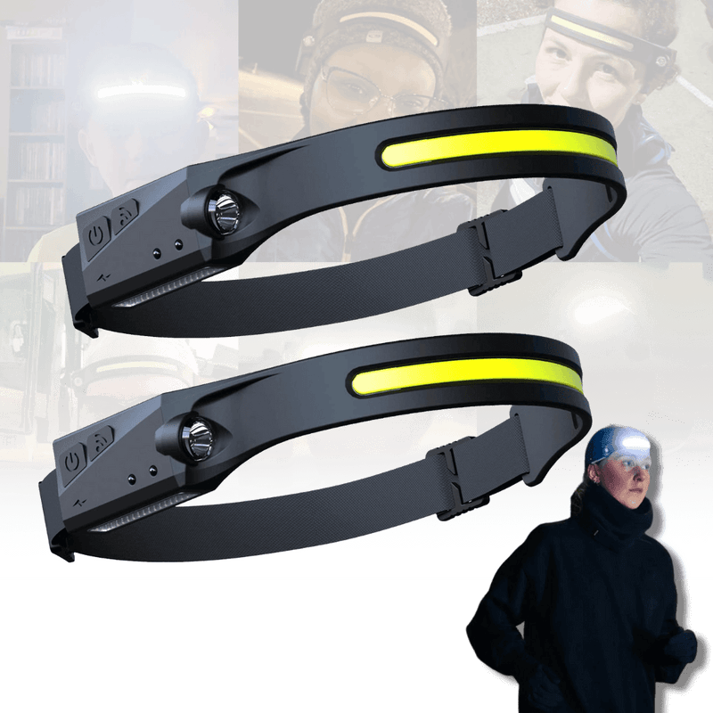 USB-wiederaufladbare LED-Stirnlampe, schwarz, mit gelbem Streifen, für Outdoor-Aktivitäten.